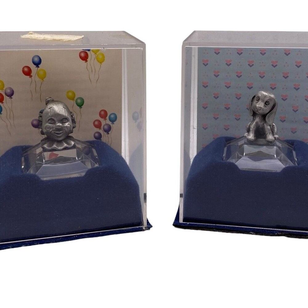 Russ Berrie Pewter Miniatures 4458 Clown 4460 Dog In Protective Cases